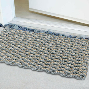 Lobster Rope Doormats, Outdoor Door Mats, Wicked Good Door Mats Made in Maine, Silver & Dark Tan Double Weave, Angled View in Front Door